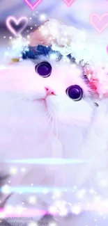 White kitten with floral crown and pink heart sparkles.