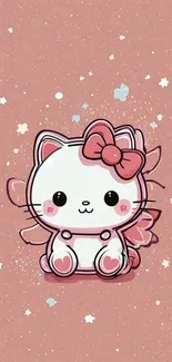 Cute kitty with pink bow and wings on a soft pink background.