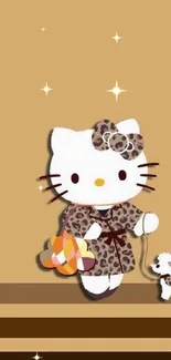 Cute kitty in leopard print with puppy on beige background.