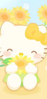 Cute kitty hugging sunflower in bright wallpaper.