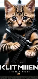 Cute kitten with a toy gun on a stylish wallpaper.