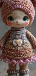 Knitted doll with blush cheeks and cozy outfit.