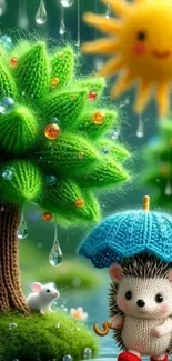 Knitted hedgehog under a blue umbrella.