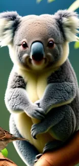 Adorable koala sitting on a branch with a sparrow against a blue background.