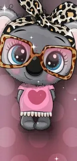 Cute koala wearing glasses and leopard bow on pink polka dot background.