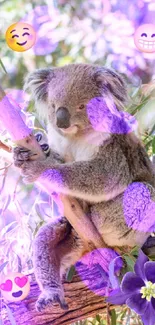 Koala sitting on branch with emojis and a flower on a sunny day.