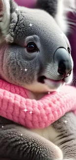 Adorable koala with pink scarf on purple background.