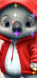 Adorable koala in a red hoodie, cartoon style.