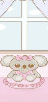 Cute pastel koala nursery wallpaper with window background.