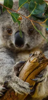 Adorable koala sitting on a tree branch.