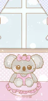 Pastel pink wallpaper with a cute koala under a window and bows.