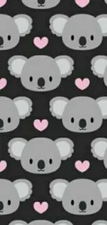 Cute koala faces pattern with pink hearts and dark background.