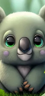 Adorable cartoon koala in a forest setting with big eyes.