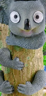 Adorable koala toy hugging a tree in a vibrant green garden.