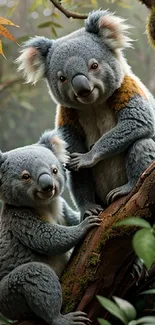 Two cute koalas perched on a tree in lush greenery.