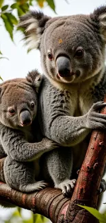 Two cute koalas perched on a tree branch with leafy background.