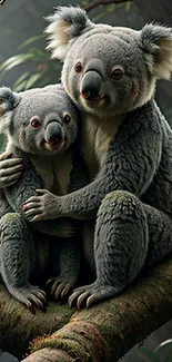 Two koalas cuddling on a tree amid lush greenery.