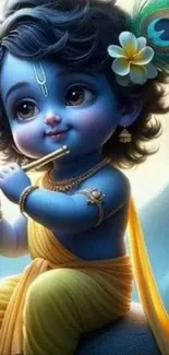 Cute Krishna with flute and peacock feather art.