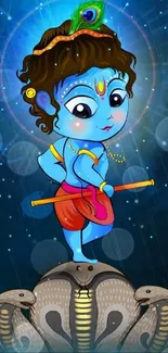 Cute baby Krishna standing on serpent with flute.