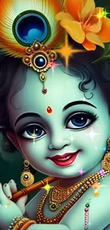 Cute Krishna artwork with vibrant colors and floral background.