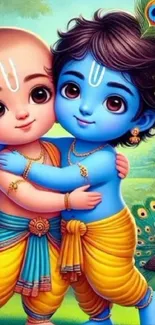 Cute Krishna and Radha art wallpaper with vibrant colors.