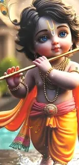 Adorable baby Krishna playing the flute.