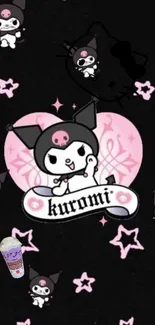 Cute Kuromi wallpaper with stars and pink details on a black background.