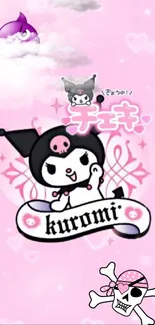 Cute Kuromi cartoon wallpaper with pink theme and character graphics.