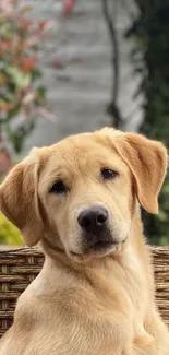 Labrador retriever sitting on wicker chair outdoors.