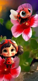 Cute ladybug on vibrant red flower wallpaper.