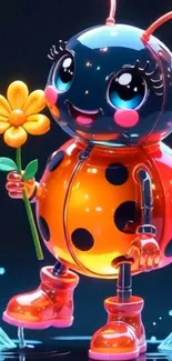 Cute ladybug robot holding a flower.