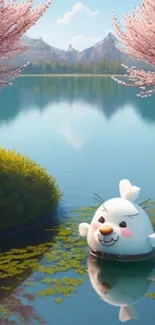 Cute character floats on serene lake under cherry blossoms.