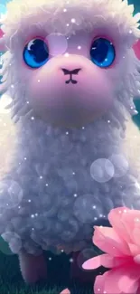 Cute lamb with blue eyes next to a pink flower.