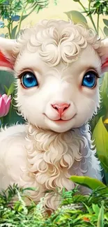 Cute lamb with blue eyes amidst flowers in a green garden.