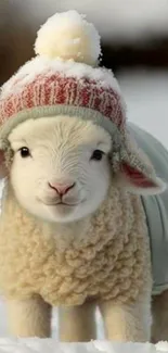 Cute lamb in winter attire with snow background.