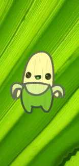 Cute cartoon character on green leaf background.