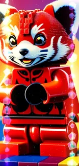 LEGO red panda figurine with a colorful backdrop.