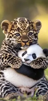 Leopard cub hugging a panda plush toy on grass.