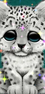 Cartoon baby leopard on teal background.