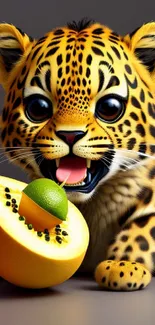 Adorable leopard cub with a melon on mobile wallpaper.