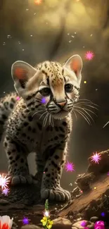 Cute leopard cub with sparkles in a magical forest wallpaper.