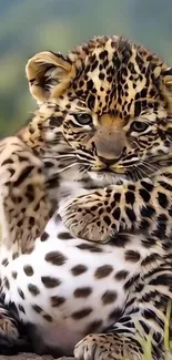 Adorable leopard cub sitting in a natural setting.