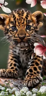 Cute leopard cub surrounded by floral elements in jungle setting.