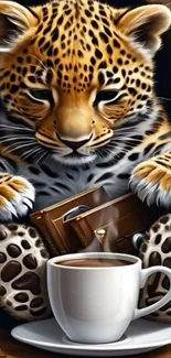 Cute leopard holding a coffee cup artwork.