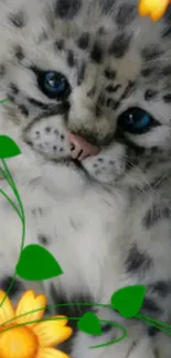 Cute snow leopard with flowers and vibrant green leaves.