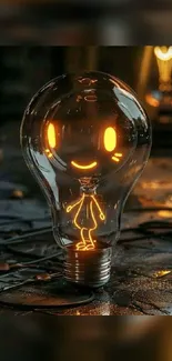 Cute bulb character glowing in dark setting on mobile wallpaper.