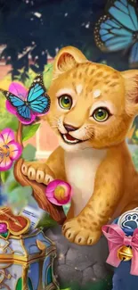 Cute lion cub with butterflies and flowers in vibrant colors.