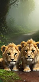 Two adorable lion cubs in a lush forest setting, perfect for mobile wallpaper.