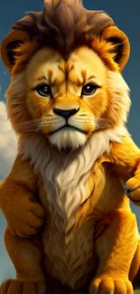 Cute cartoon lion in a vibrant yellow design on mobile wallpaper.