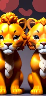 Colorful animated twin lion toys on a vibrant mobile wallpaper.